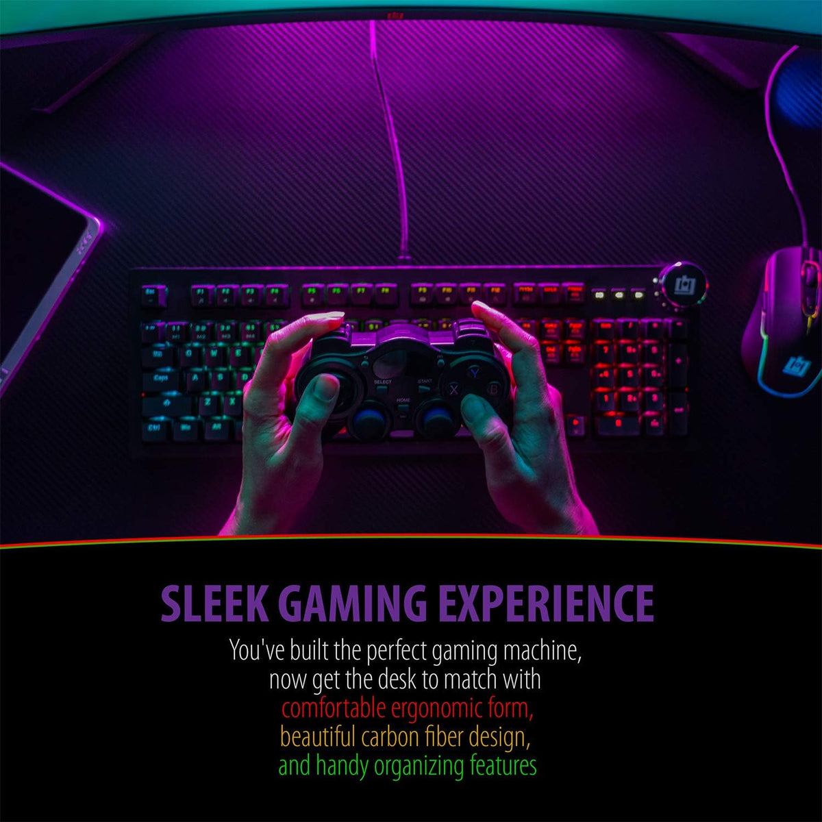 Ultrawide Curved LED Computer Desk, Waterproof Carbon-Fiber Surface, 6-Color RGB Lighting Accents, Cup Holder, 31.5 Mouse Pad S8987