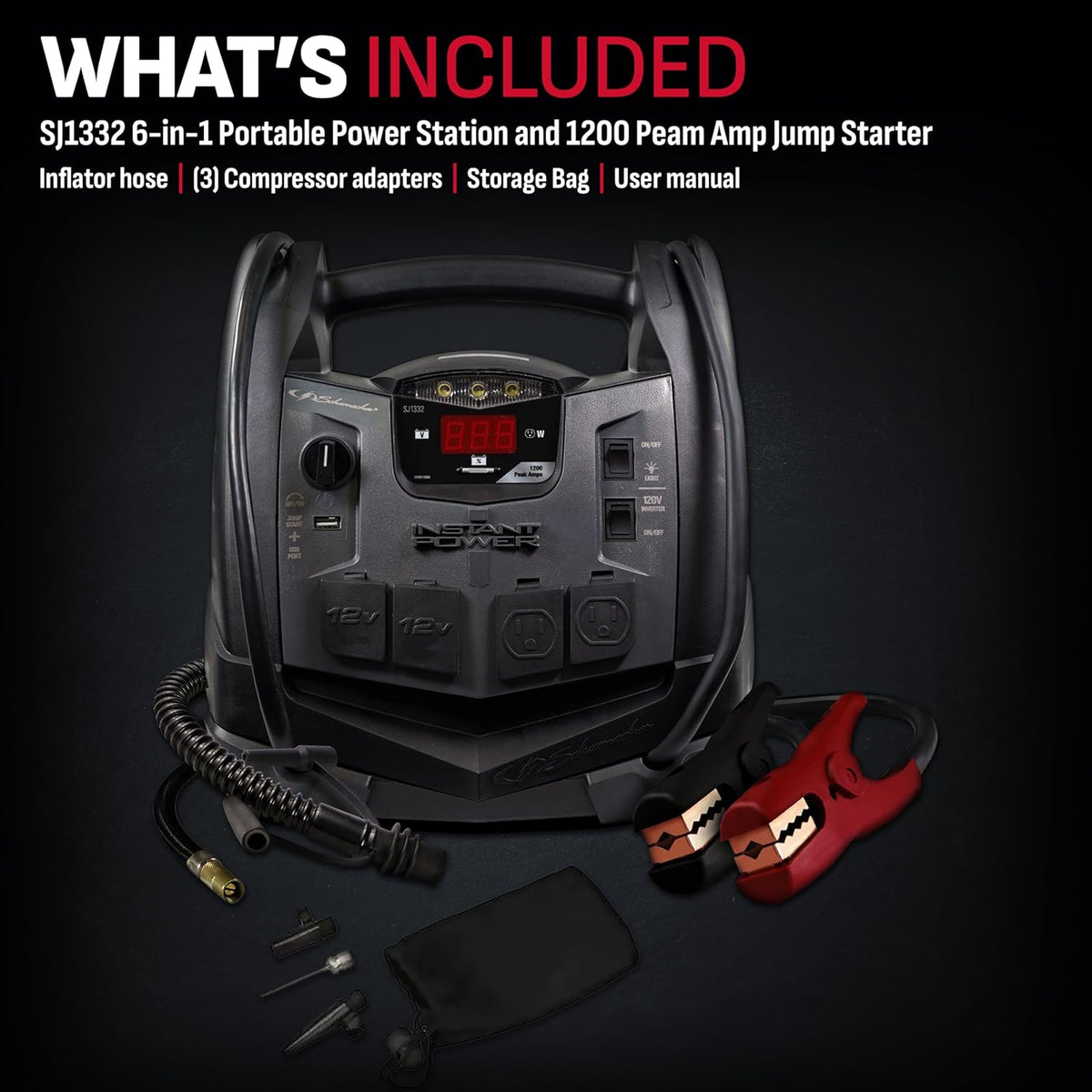 Portable Power Station and Jump Starter with 150-PSI Air Compressor, 200 Continuous/400 Peak Watt Power Inverter, Black Z110