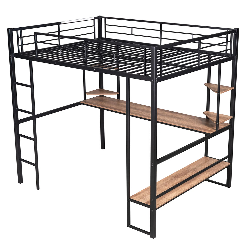 Black Full Metal Loft Bed with Desk and Shelves C645