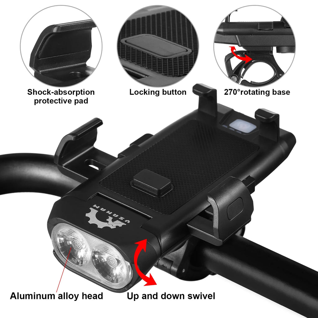 Front and Rear 4 in 1 USB Rechargeable Waterproof Headlight with Phone Holder Horn Z826494