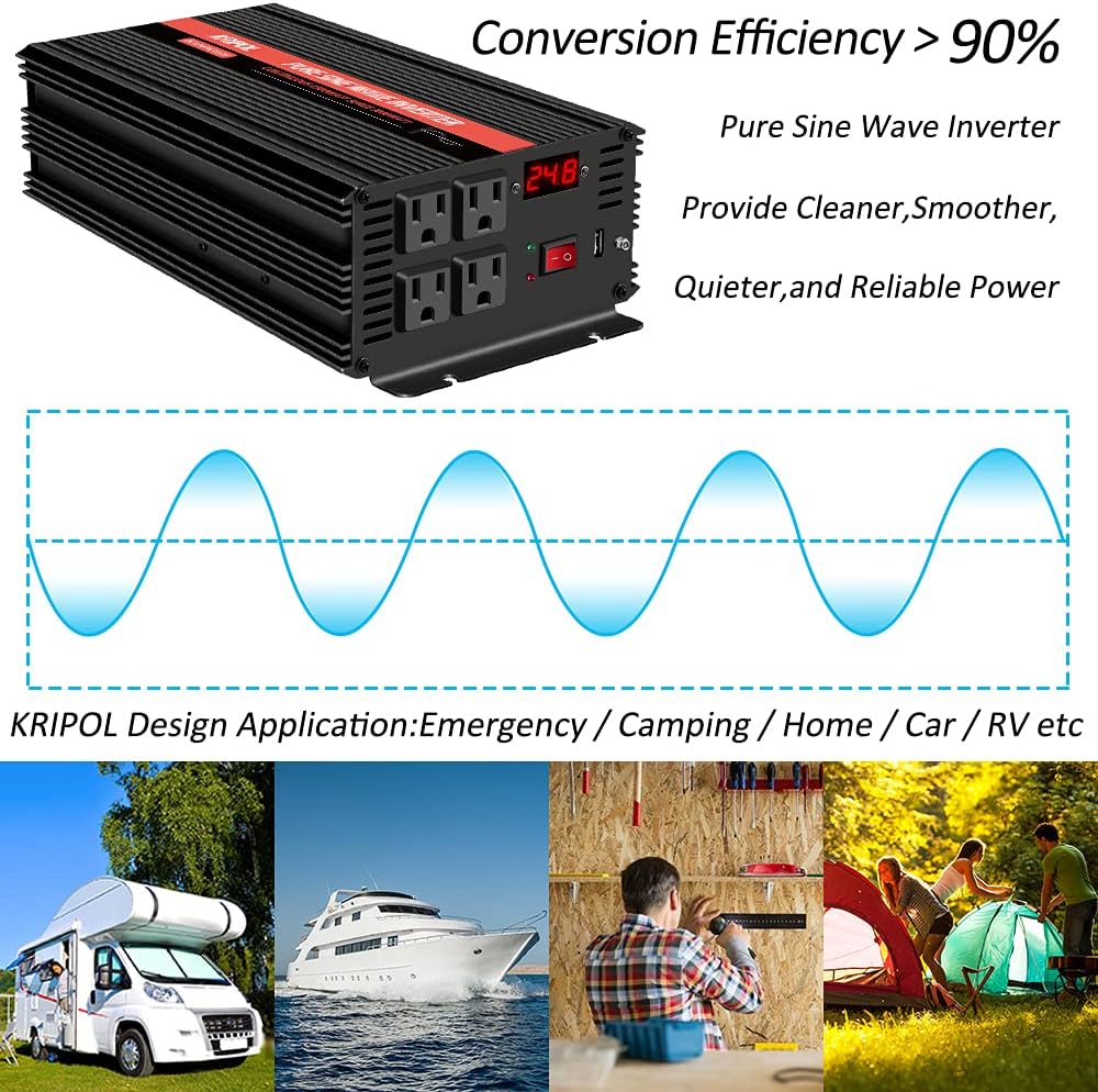 1500 Watt Pure Sine Wave Power Inverter 12V DC to 110V AC 60HZ with 4 AC Outlets and 1 USB Output I241