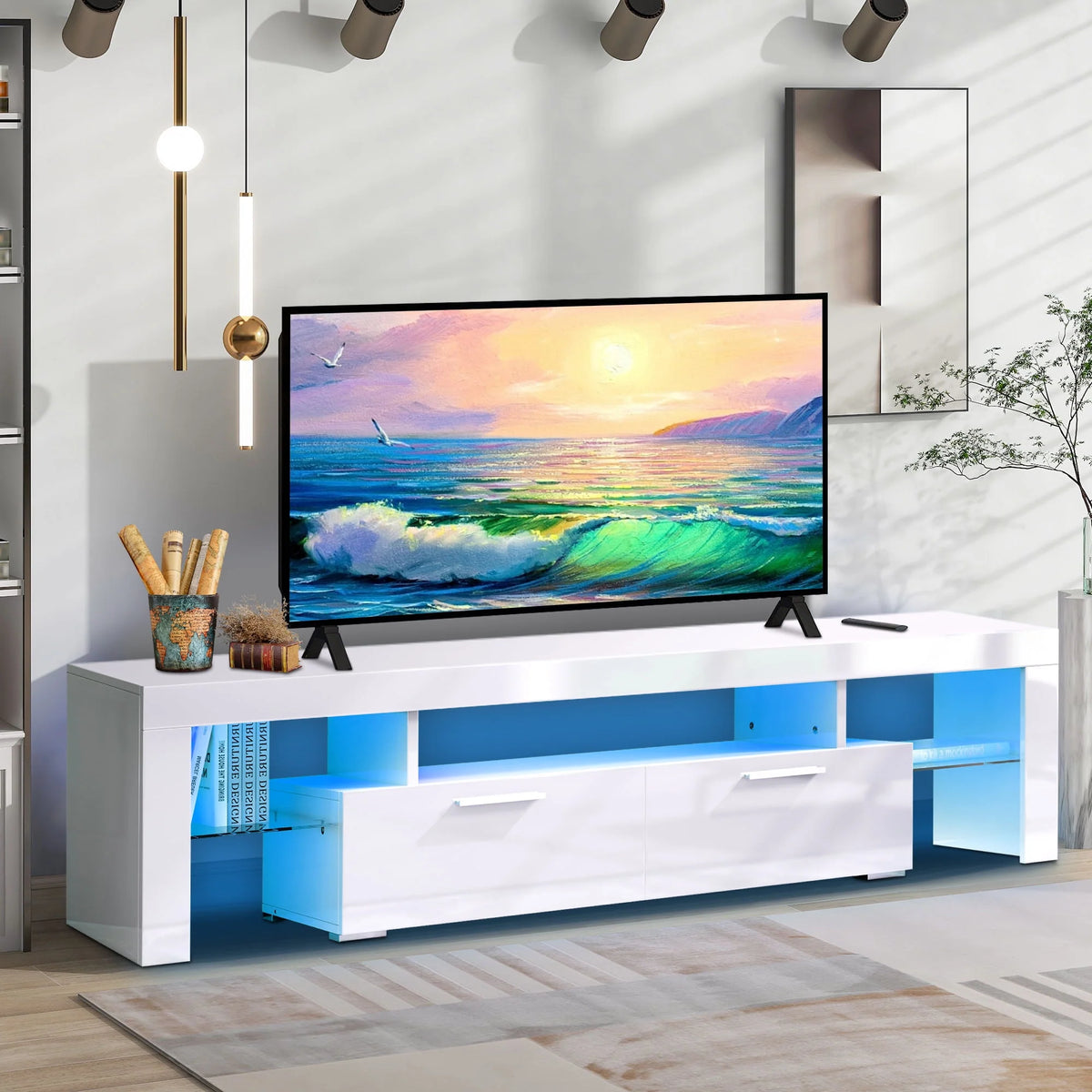 White High Gloss TV Stand with Storage Shelves N7307