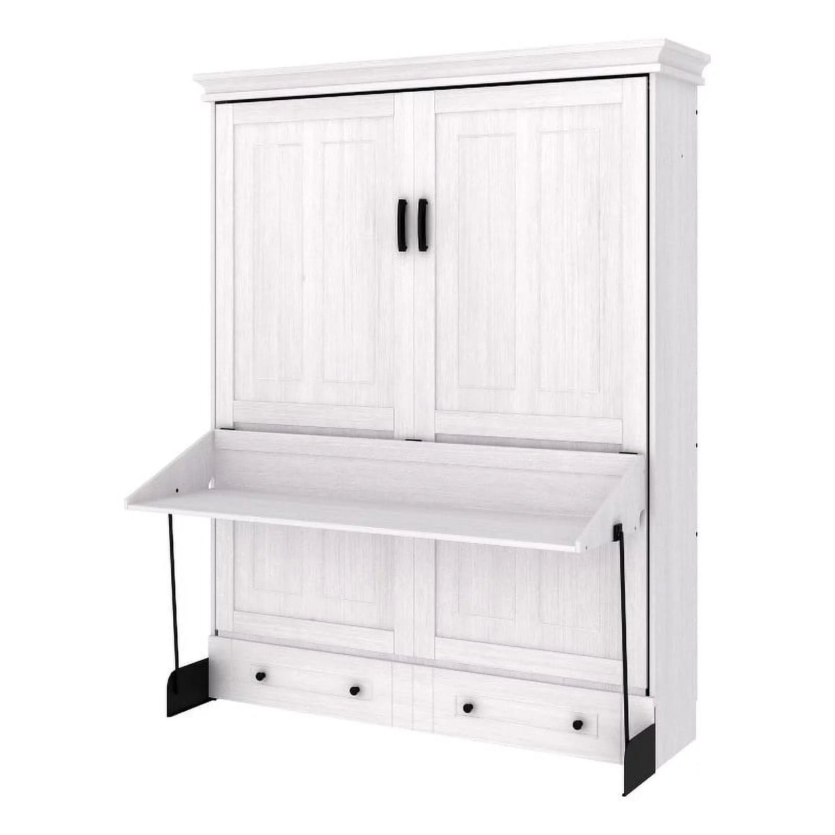 Queen Solid Wood Murphy Wall Desk Bed in White V86896