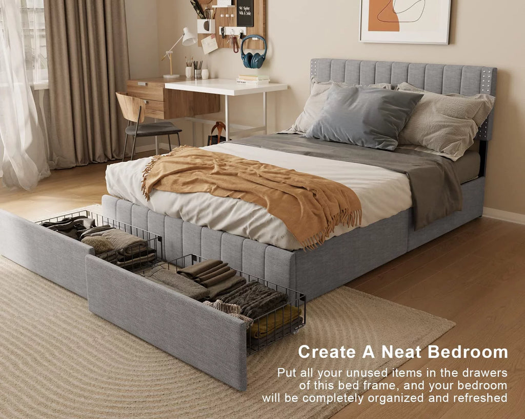 Light Grey Full Size Bed Frame with Storage Drawers E446966