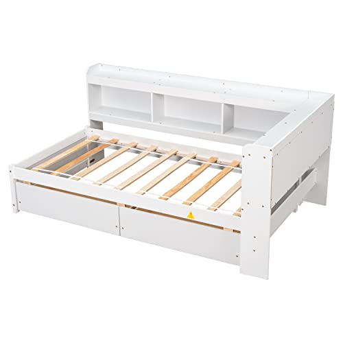 Grey Full Size Wooden Platform Bed with Two Storage Drawers and L-Shaped Bookcase I13768