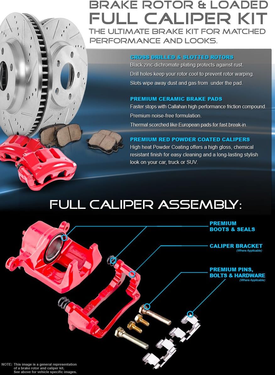 Powder Coated Red Calipers Rotors Ceramic Pads Kit G5108