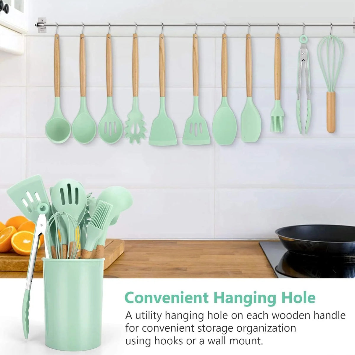 11 Pcs Non-Stick Silicone Cooking Utensils Set with Wooden Handle (Light Green) D344