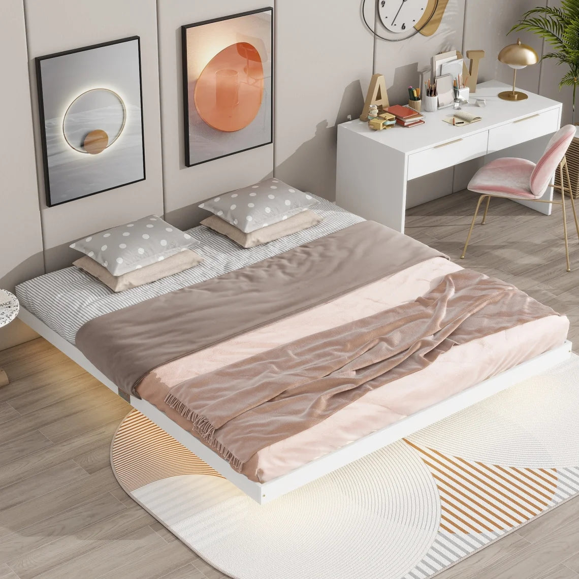 Full Size Grey Pinewood Floating Platform Bed with LED Lights X3267