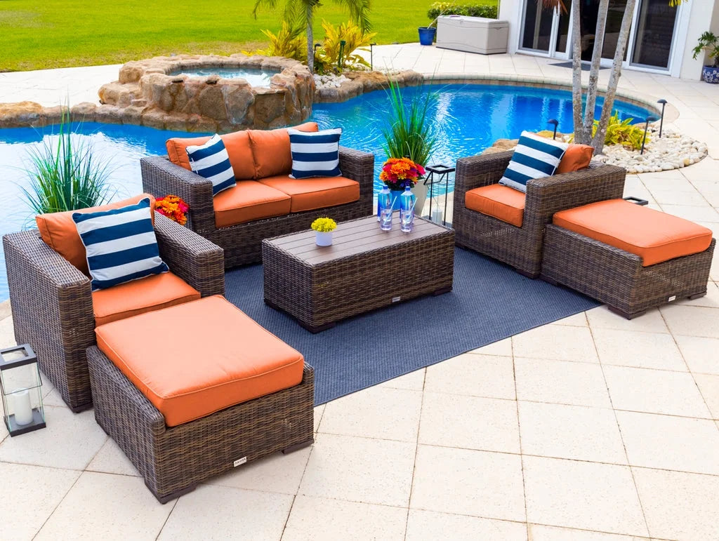 6-Piece Resin Wicker Outdoor Patio Furniture Lounge Sofa Set with Loveseat, Two Armchairs, Two Ottomans, and Coffee Table U88259