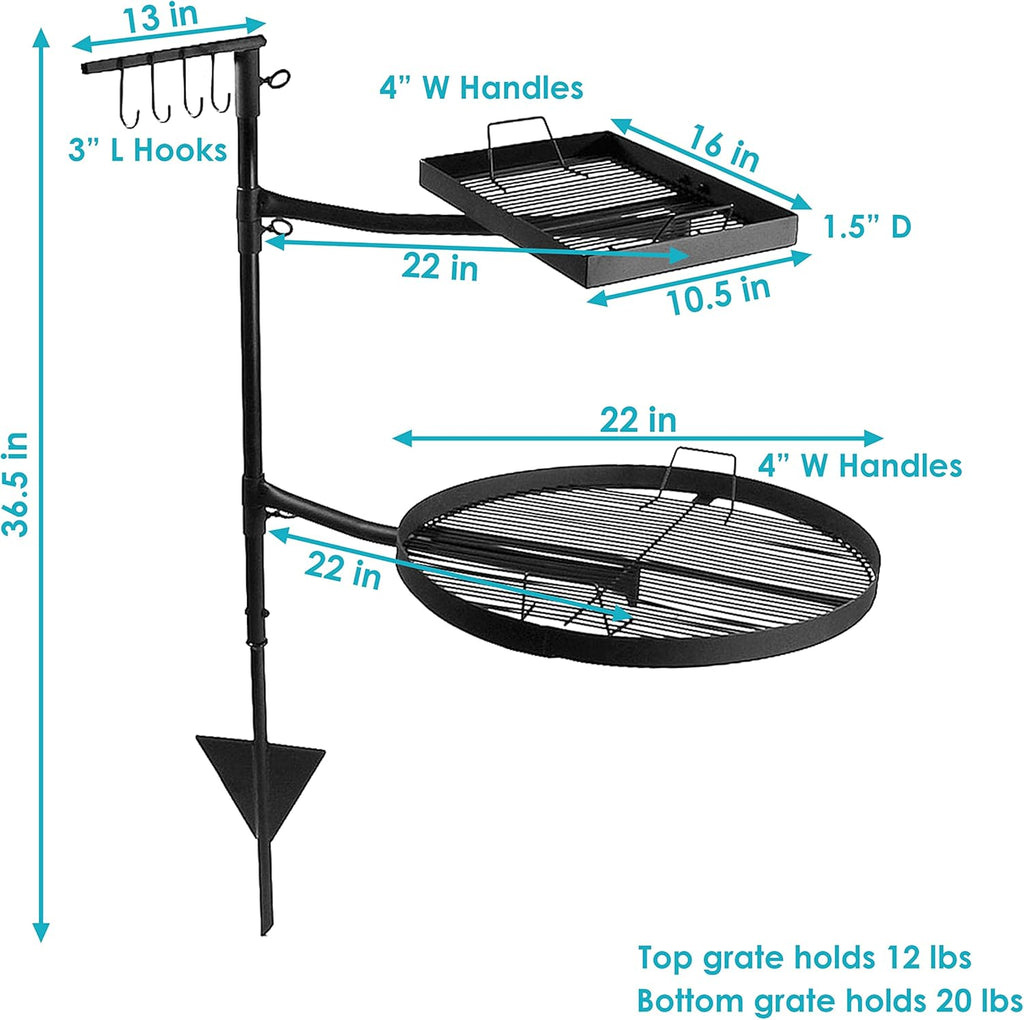 Dual Campfire Steel Cooking Grill Grate Swivel System with Stand V586