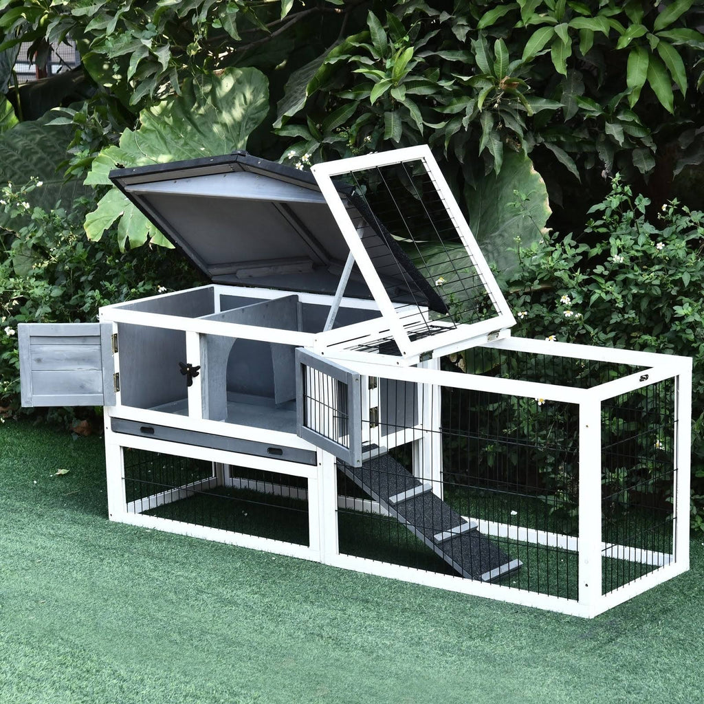 Solid Wood Rabbit Hutch with Black Metal Cage and Easy Clean Tray Q7798