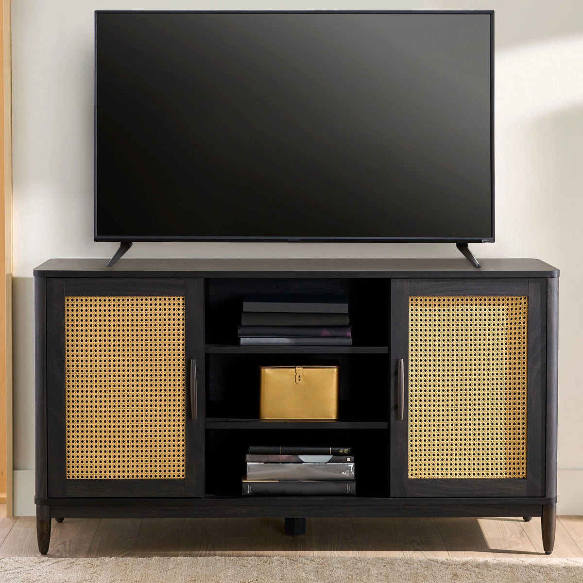 Cane TV Stand for TVs up to 65, Light Honey Finish V24568