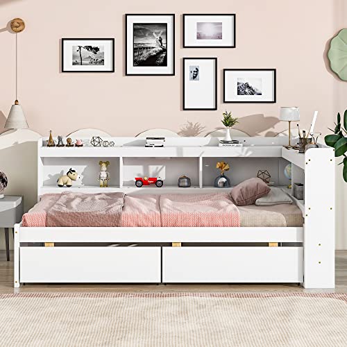 Grey Full Size Wooden Platform Bed with Two Storage Drawers and L-Shaped Bookcase I13768