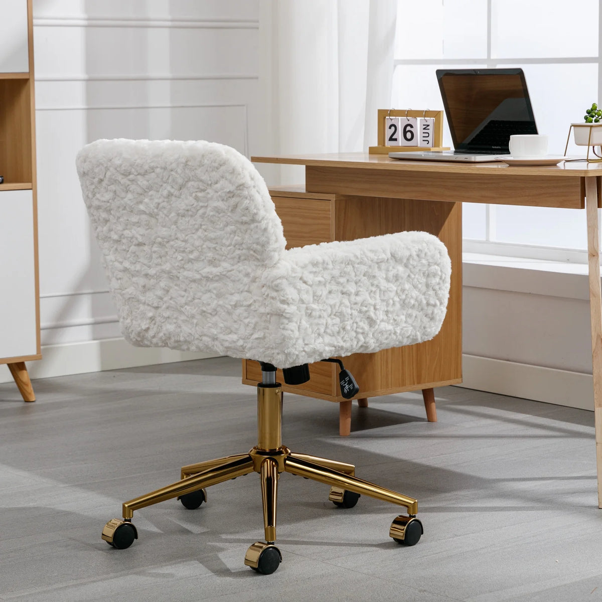 Beige Faux Rabbit Hair Office Chair with Adjustable Swivel G23584