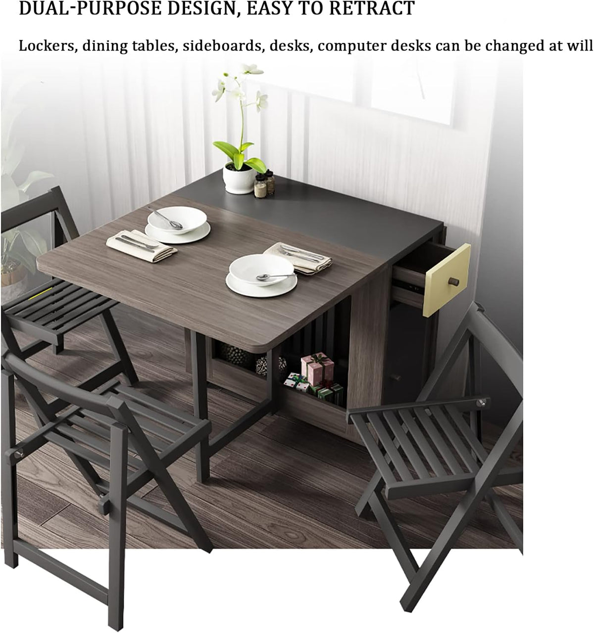 Folding Dining Table Set with 4 Chairs and 2 Wheels K369574