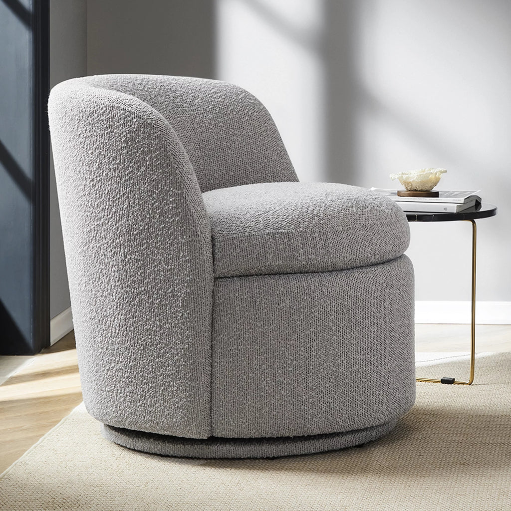 White Boucle Fabric Barrel Accent Chair O1912