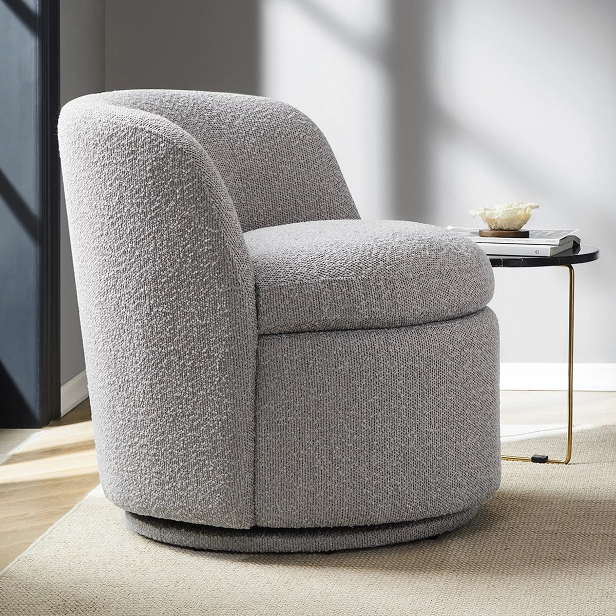 White Boucle Fabric Barrel Accent Chair O1912