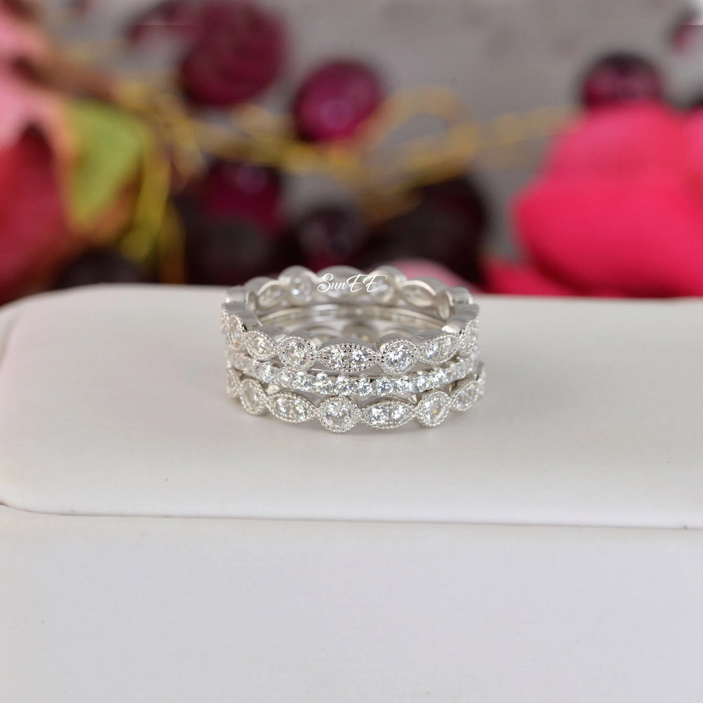 2.06ct Diamond Simulated 925 Sterling Silver Wedding Band Stack Ring O1763