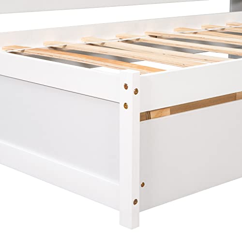 Grey Full Size Wooden Platform Bed with Two Storage Drawers and L-Shaped Bookcase I13768