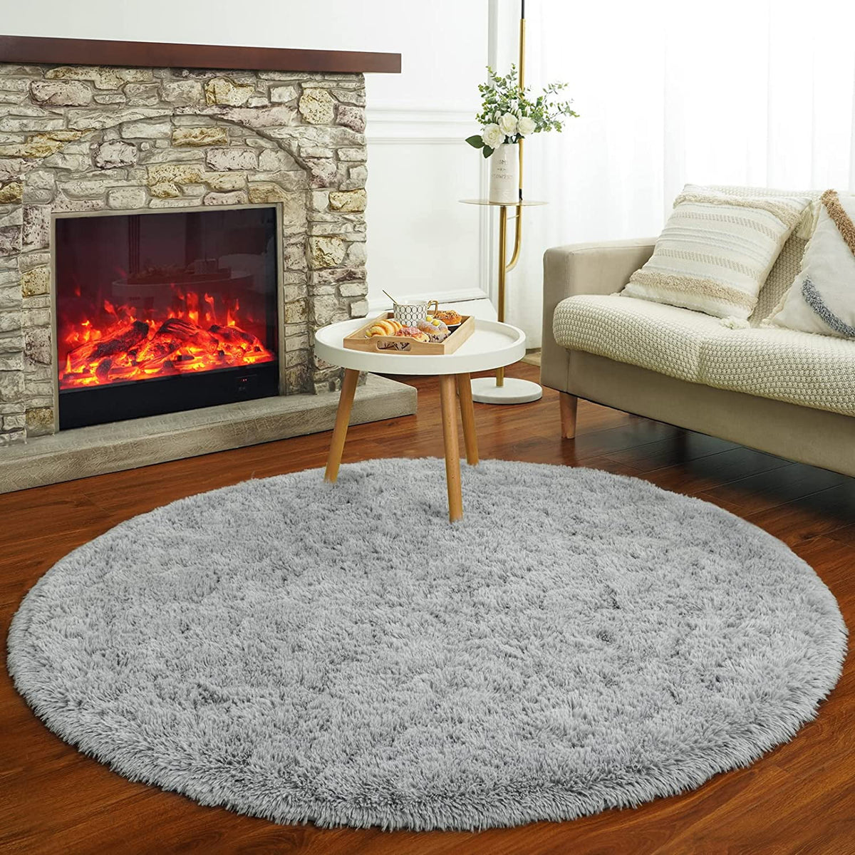 Gray Round Fluffy Shaggy Area Rug 5'x5' K999