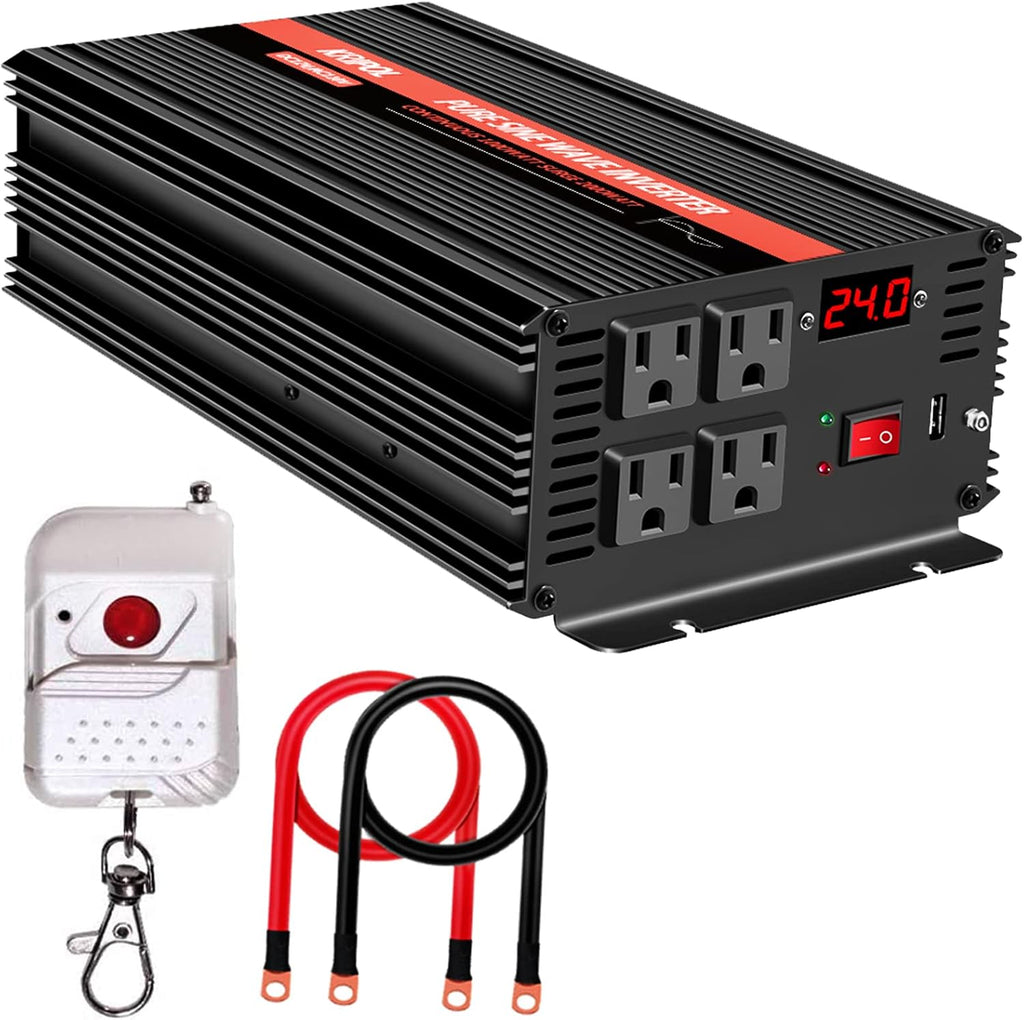 1500 Watt Pure Sine Wave Power Inverter 12V DC to 110V AC 60HZ with 4 AC Outlets and 1 USB Output I241