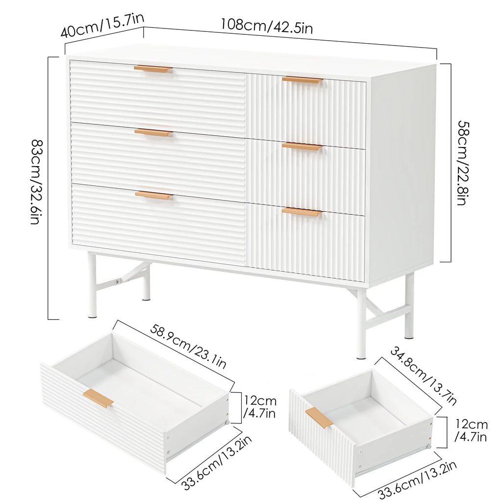 Creamy 6 Drawer Wood Dresser with Metal Base M882