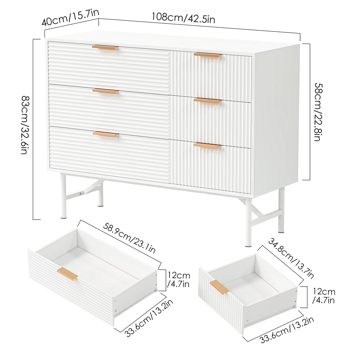 Creamy 6 Drawer Wood Dresser with Metal Base M882