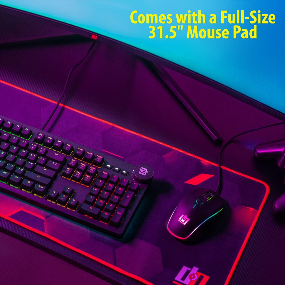 Ultrawide Curved LED Computer Desk, Waterproof Carbon-Fiber Surface, 6-Color RGB Lighting Accents, Cup Holder, 31.5 Mouse Pad S8987