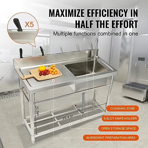 Stainless Steel Utility Sink, 1 Compartment Free Standing Small Sink with Workbench Faucet and Legs, 39.4 x 19.1 x 37.4 in Commercial Single Bowl Sink B852