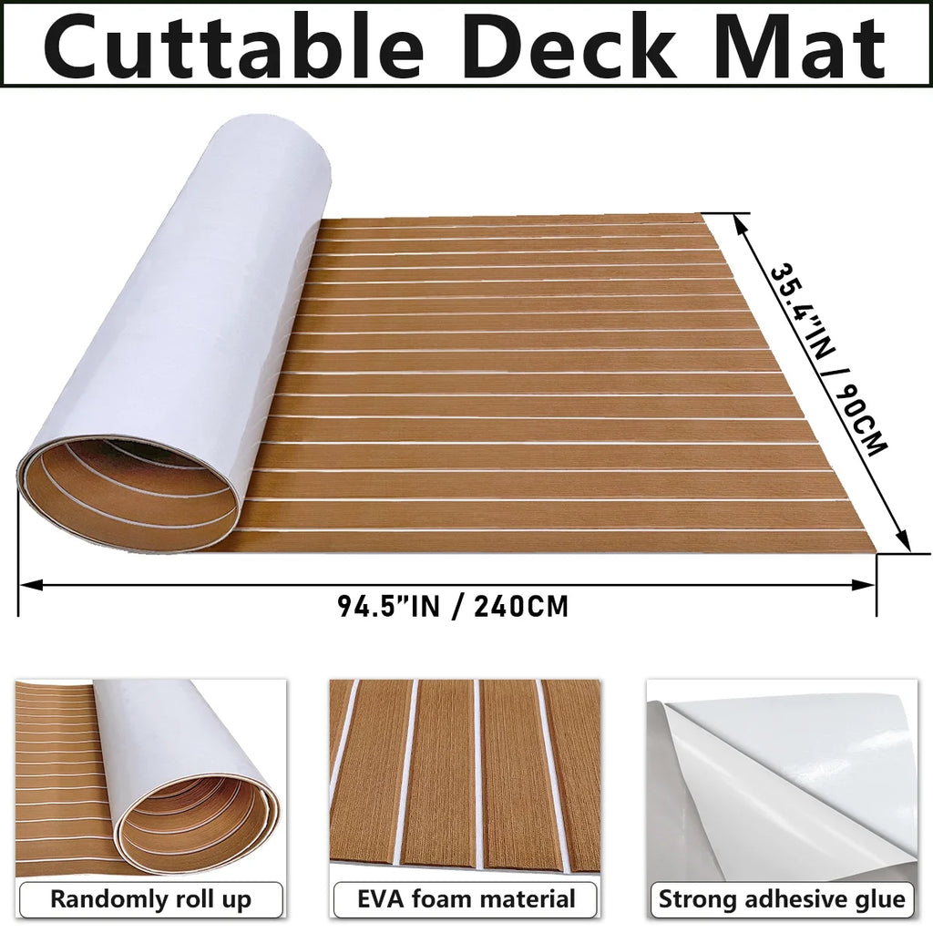 94"× 35" EVA Foam Faux Teak Decking Sheet Self-Adhesive Non-Skid Marine Flooring D8051