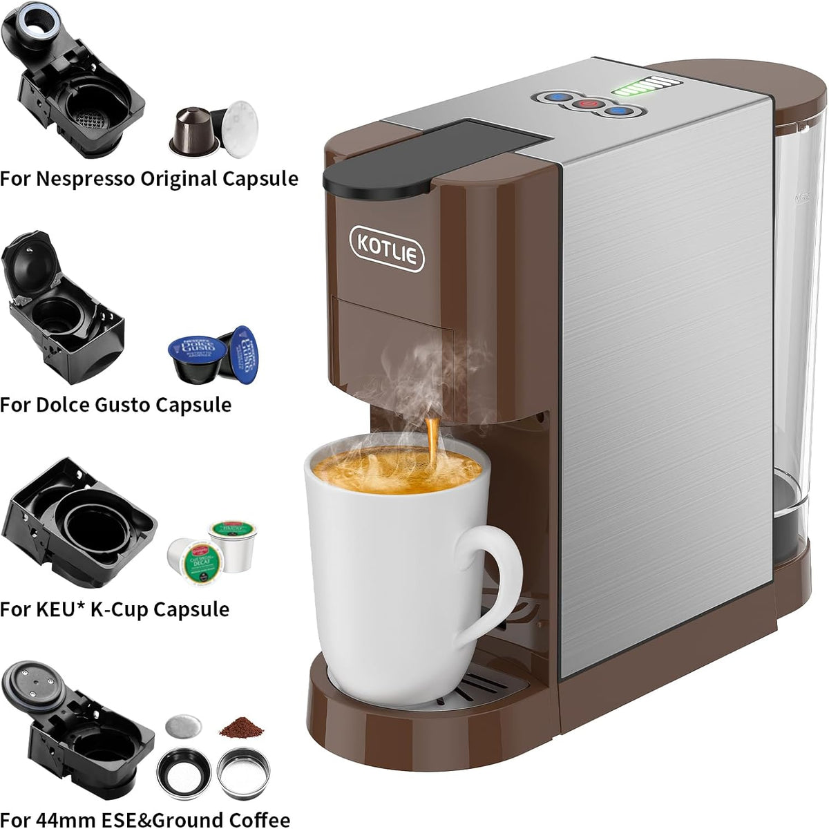 5in1 Espresso Machine, 19Bar Pressure Single Serve Coffee Maker N3600