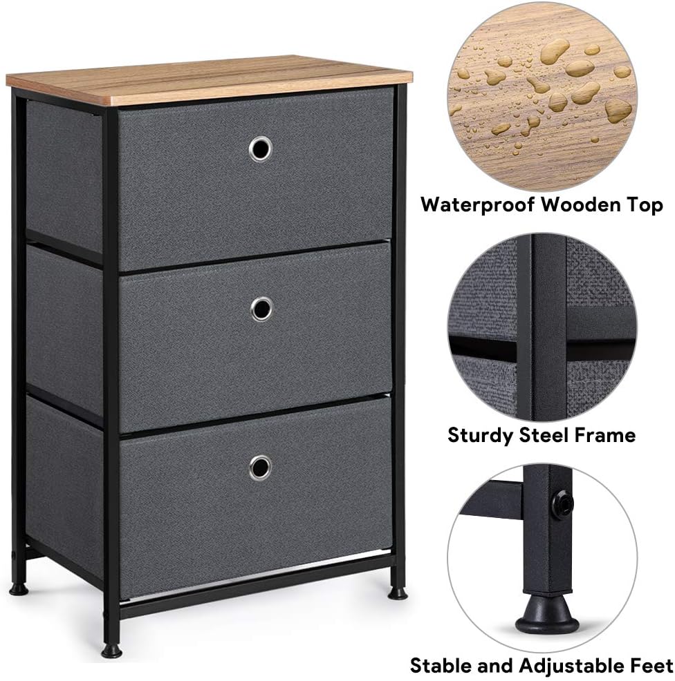 28" Vertical Dresser with 3 Drawers Fabric Nightstand with Steel Frame and Wood Top F858