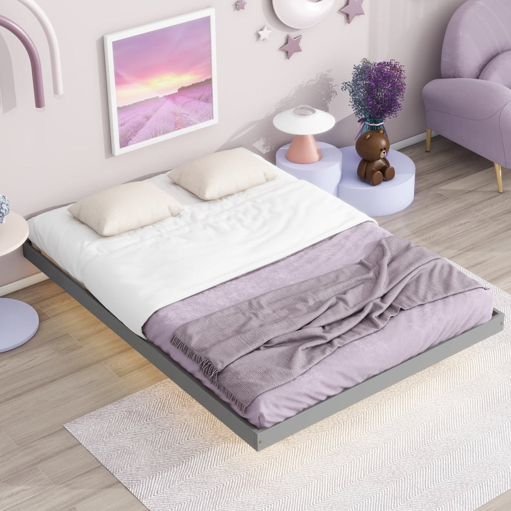 Full Size Grey Pinewood Floating Platform Bed with LED Lights X3267