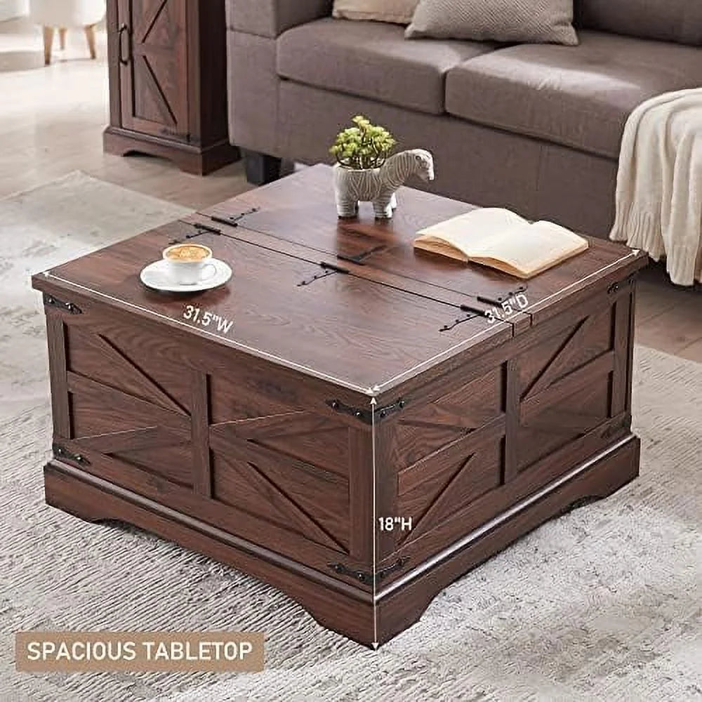 Brown Square Wood Coffee Table with Hidden Compartment R6197