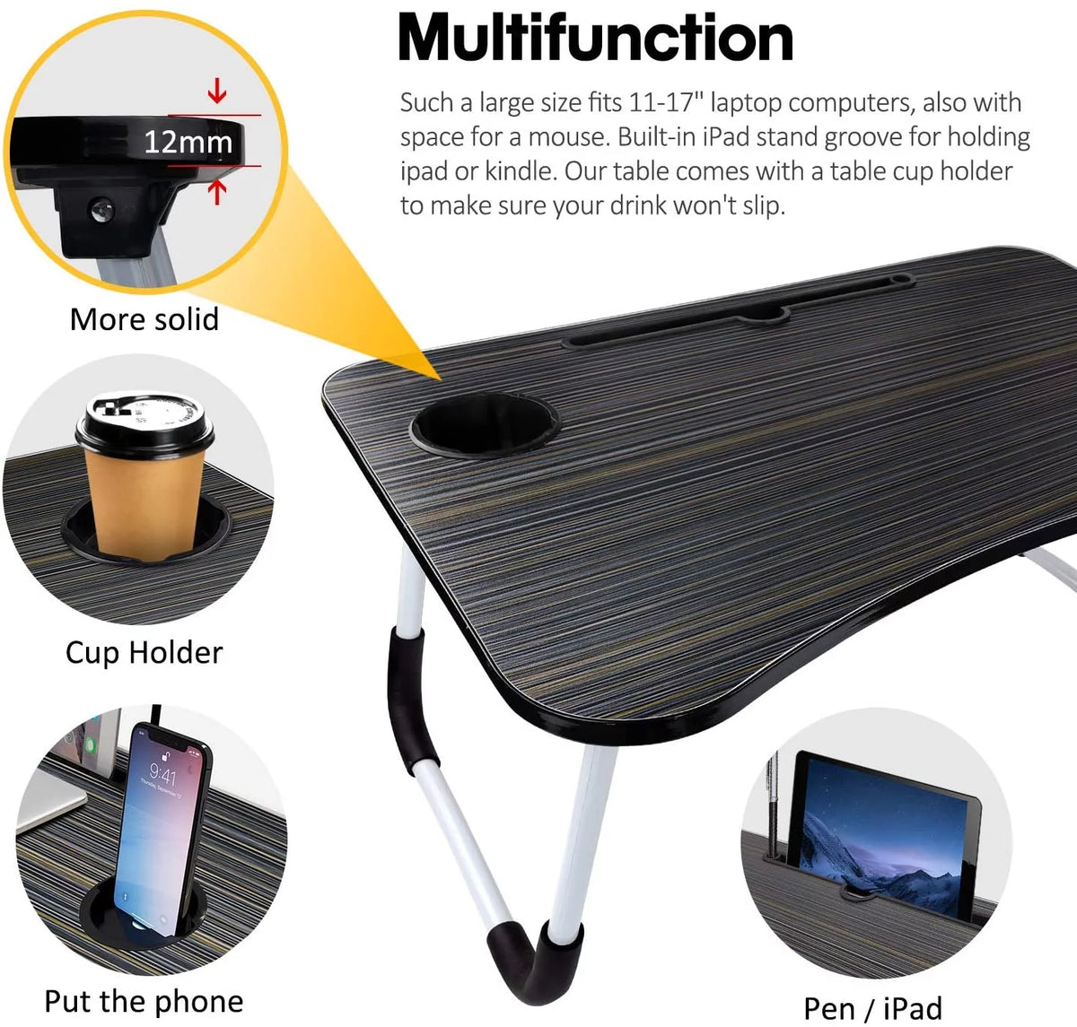 Portable Lap Desk with Cup Slot Black Y141837