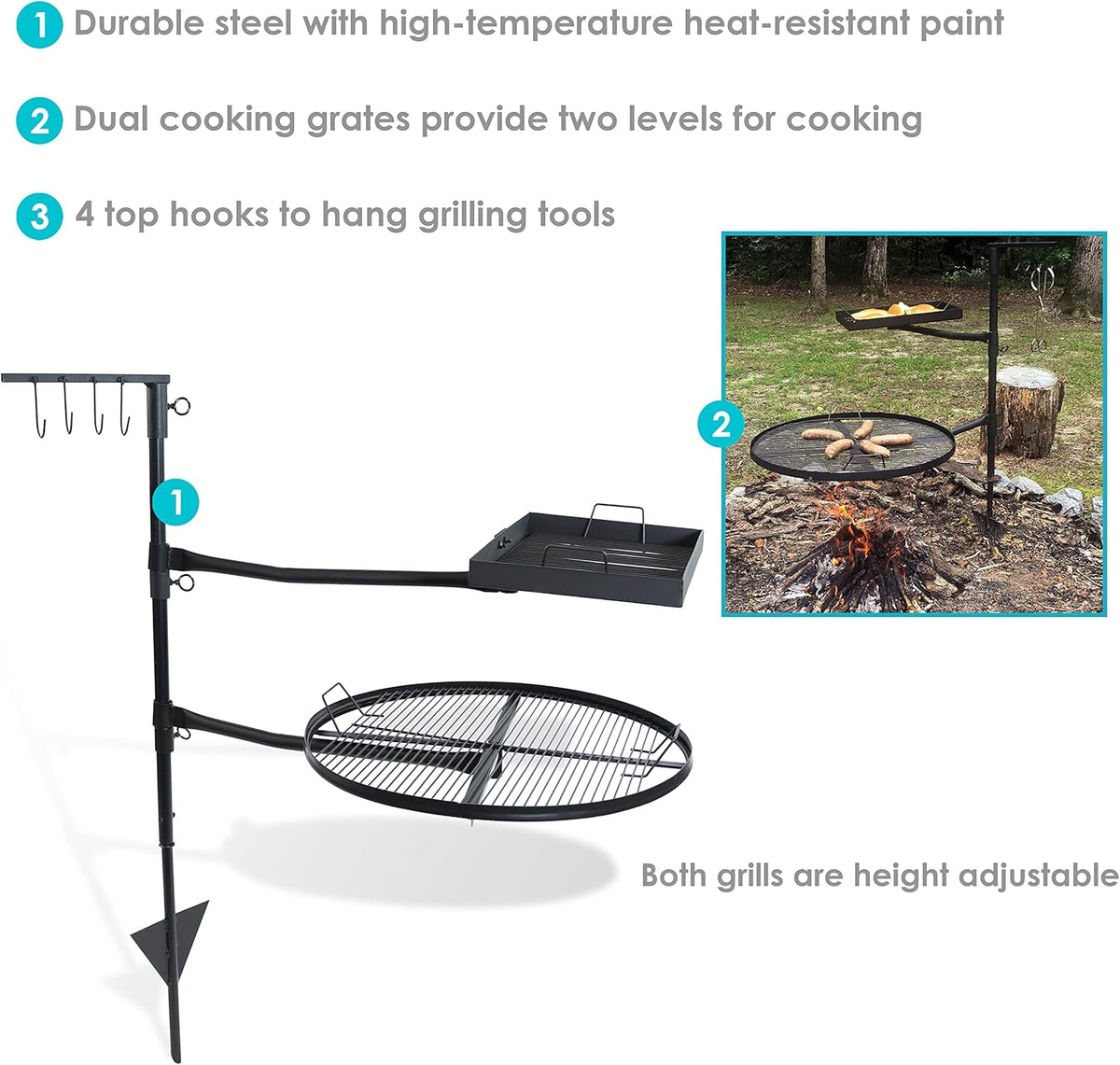 Dual Campfire Steel Cooking Grill Grate Swivel System with Stand V586