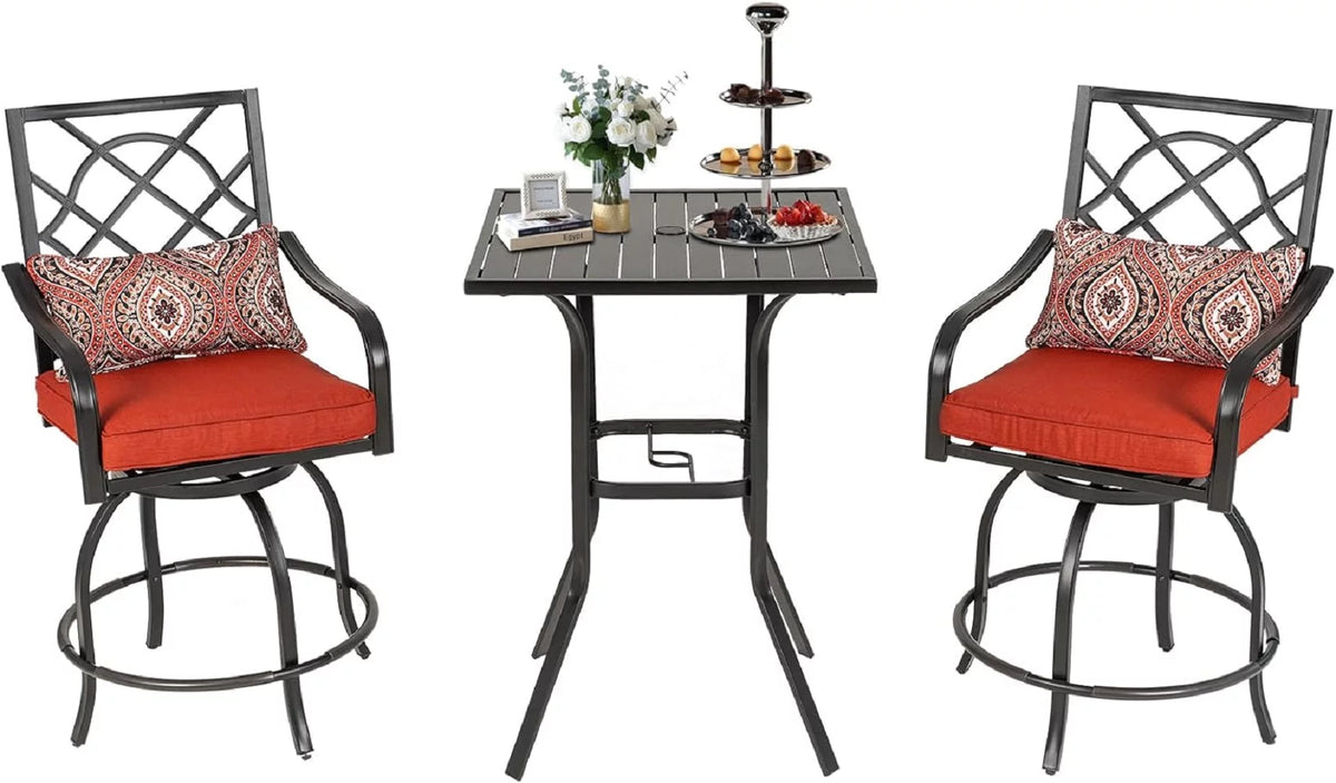 3 Pieces Outdoor Bar Height Bistro Set with Swivel Stools and Table, Black V575