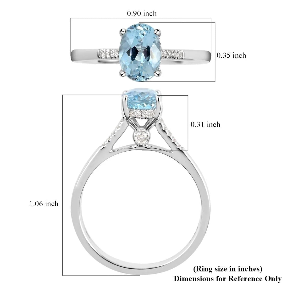 Blue Aquamarine White Diamond Oval 18K White Gold Ring Size 6 Ct 1.13 G-H Color Si1 Clarity F6768