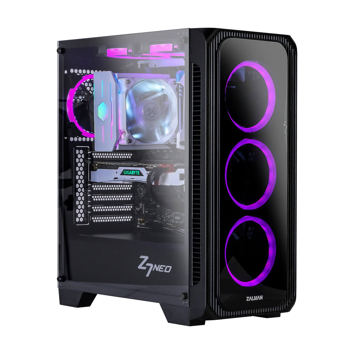 ATX Mid Tower Gaming PC Case with Tempered Glass and 4 Pre-Installed 120mm RGB LED Ring Fans J45120
