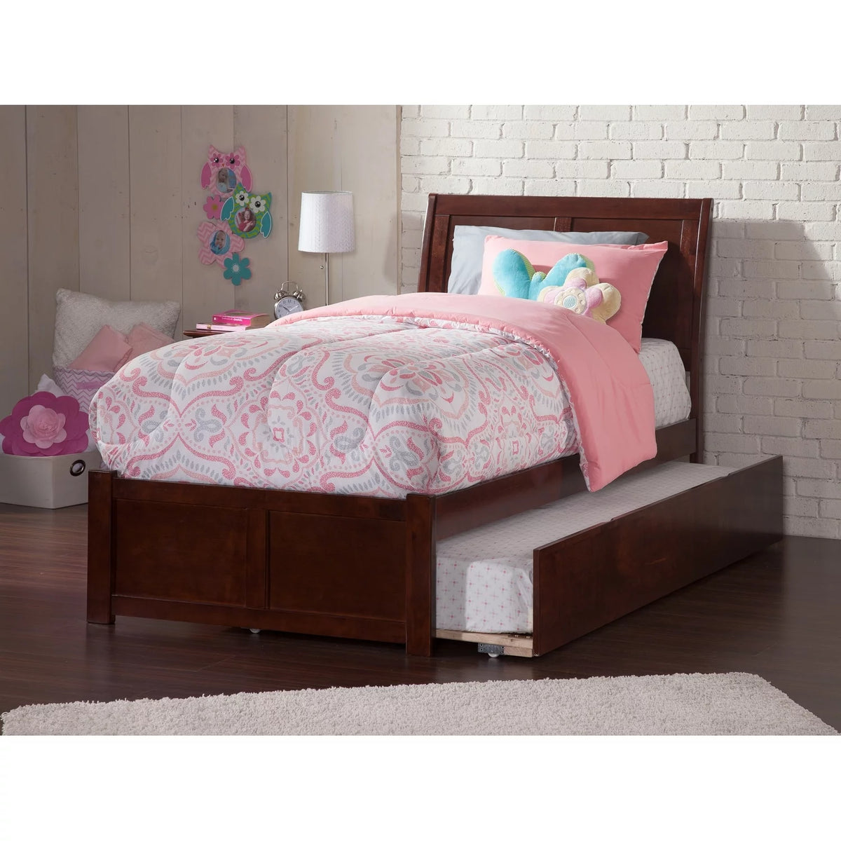 Twin Platform Bed with Footboard and Twin Trundle in Walnut D222