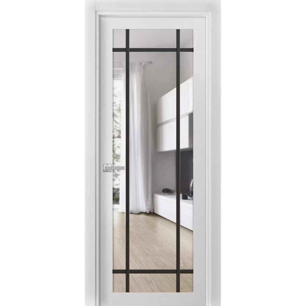 Solid French Door 30 x 80 inches White Silk Clear Glass Single Regular Panel Frame Trims Handle N62546