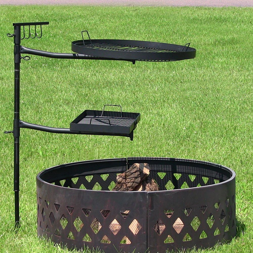 Dual Campfire Steel Cooking Grill Grate Swivel System with Stand V586