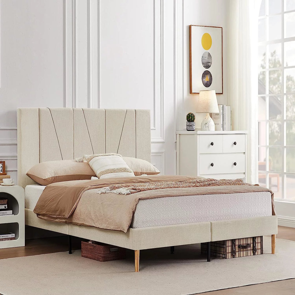 King Size Beige Fabric Upholstered Platform Bed Frame D75168