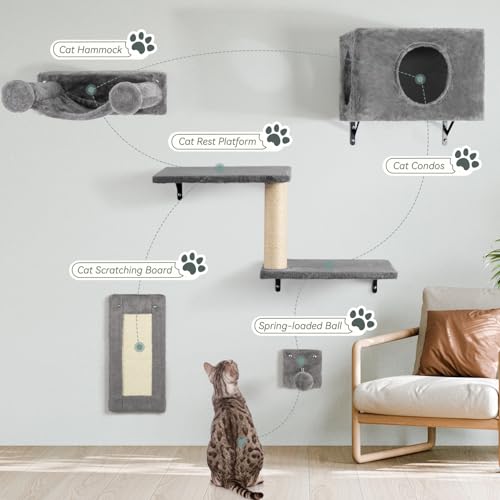 5-in-1 Wall-Mounted Cat Climber Set with House, Bridge, Steps, Scratcher, Hammock, Shelves J93650