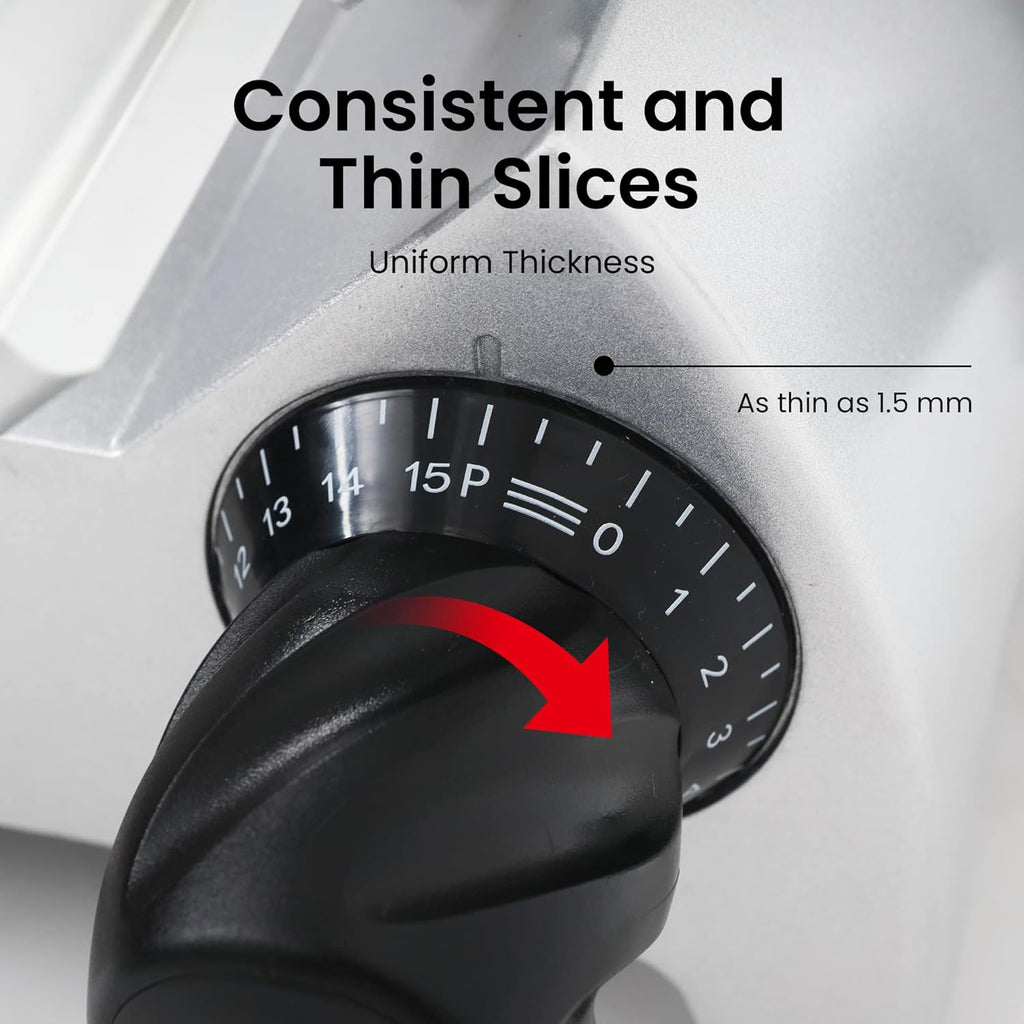 Electric Meat Slicer with 8 Carbon Steel Blade, 0.5mm to 15mm Adjustable Slicing Thickness E10354