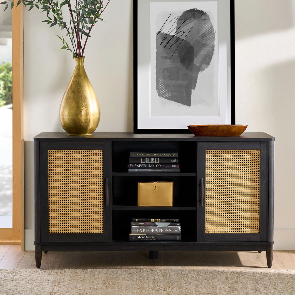 Cane TV Stand for TVs up to 65, Light Honey Finish V24568