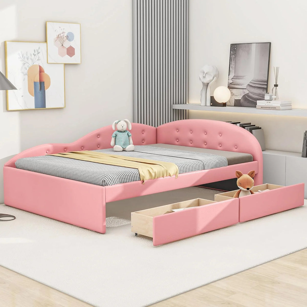 PU Upholstered Tufted Daybed with Storage and 2 Drawers F4592