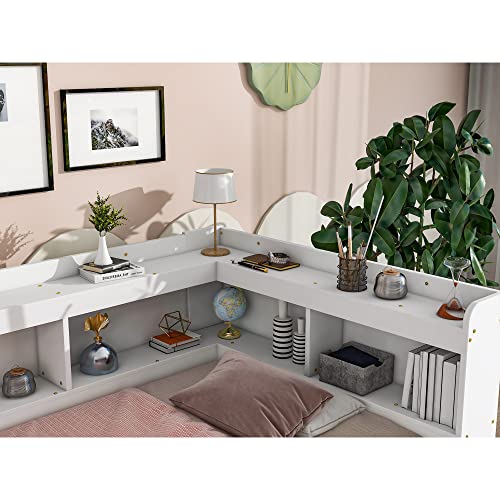 Grey Full Size Wooden Platform Bed with Two Storage Drawers and L-Shaped Bookcase I13768