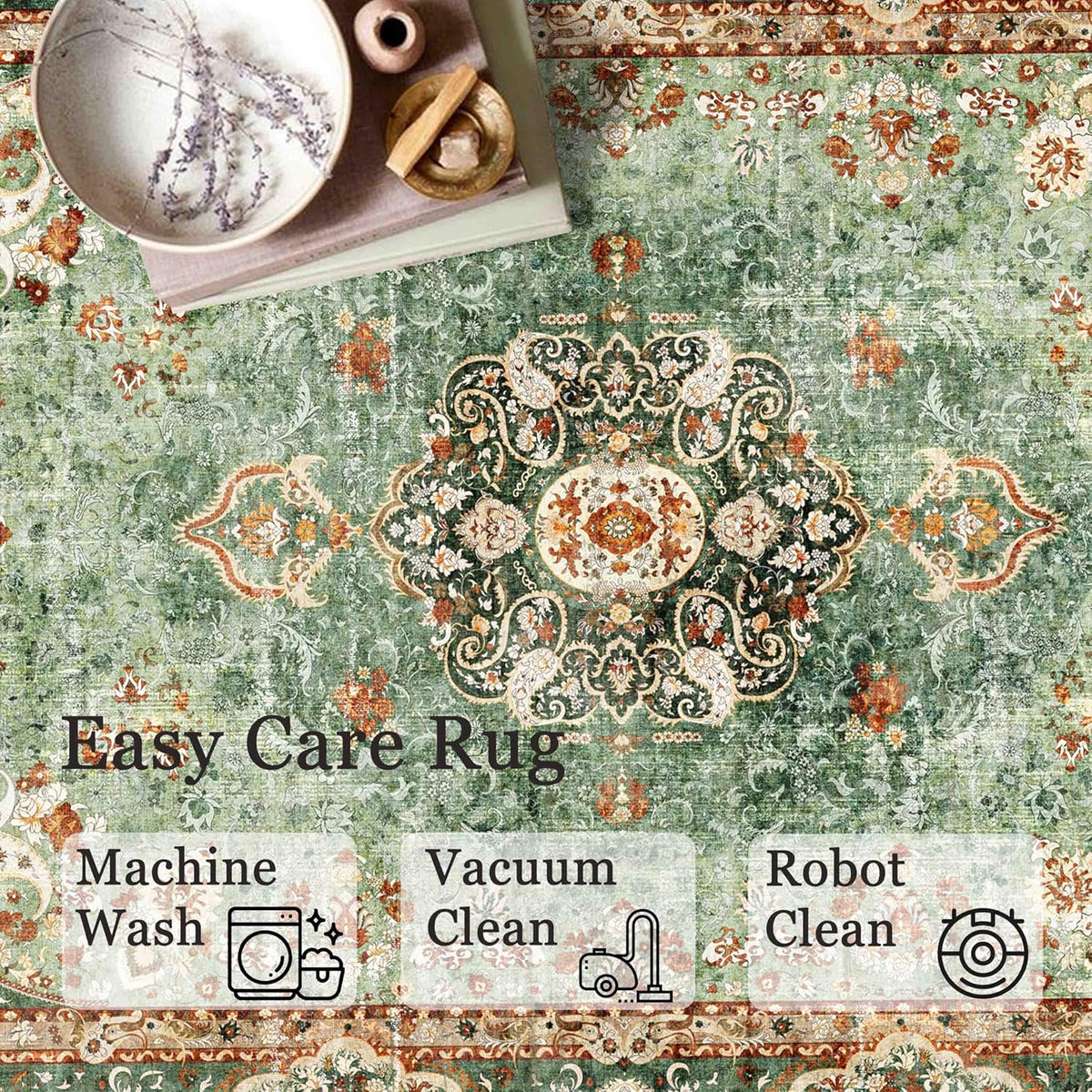 Green Round 6ft Washable Non Slip Rug Q162