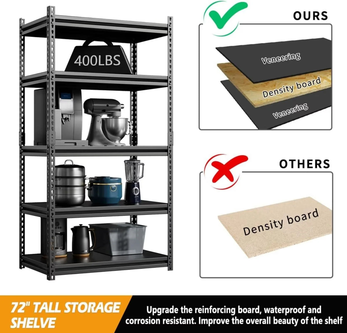 Heavy Duty 5-Tier Metal Garage Storage Shelving Rack, 35.8" W x 16.2" D x 72" H V71584